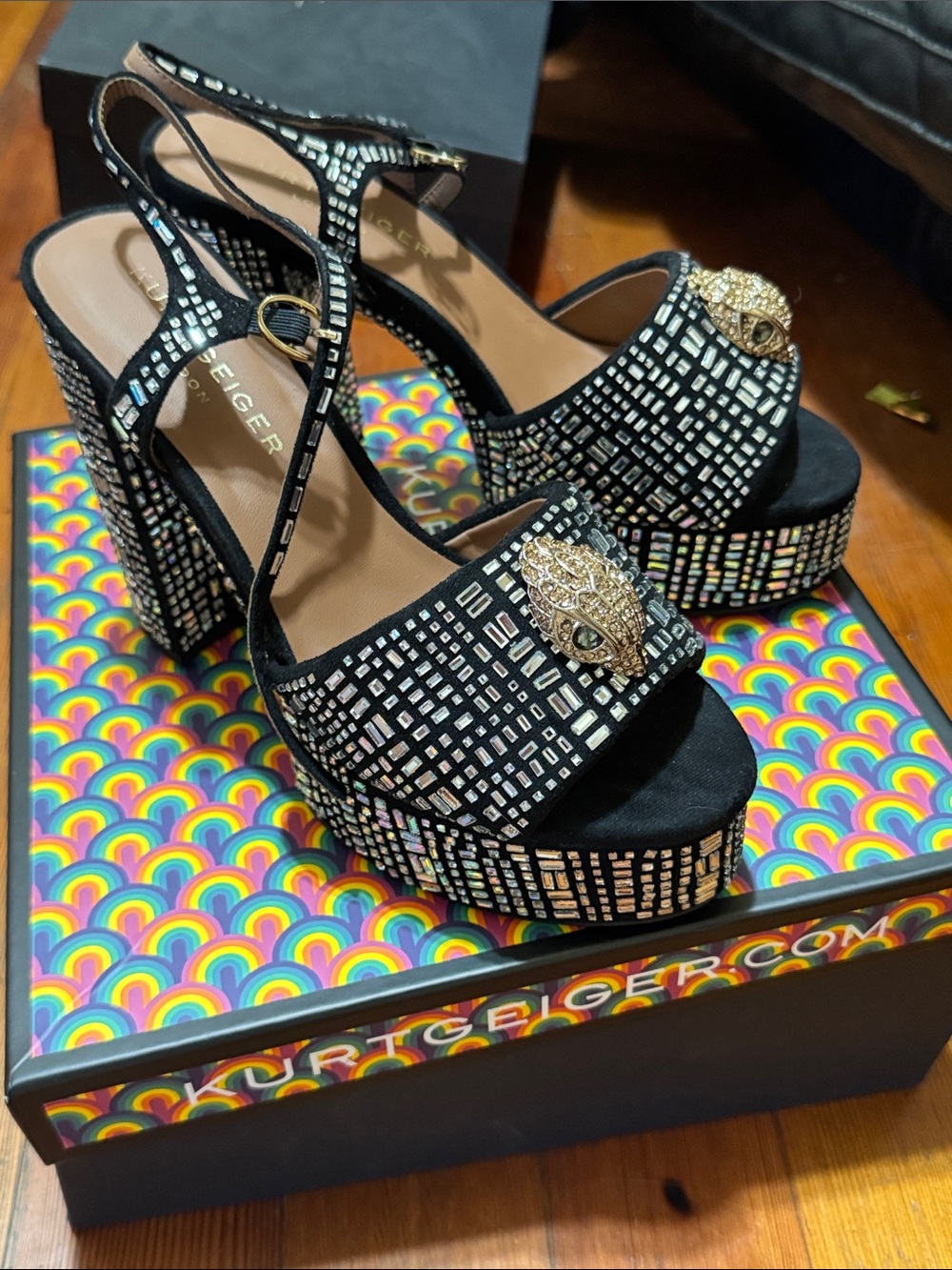 Kurt Geiger Black Platform Sandals with Gold Emblem